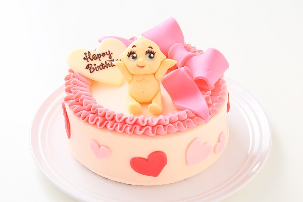 チョコキャラクター人形付き リボンのバタークリームデコレーションケーキ 4号 12cm 1