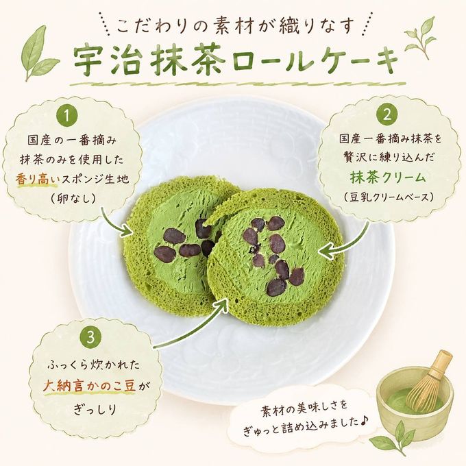 【卵・乳・小麦・ナッツ不使用】極太・北海道産大納言の抹茶小豆ロールケーキ 4