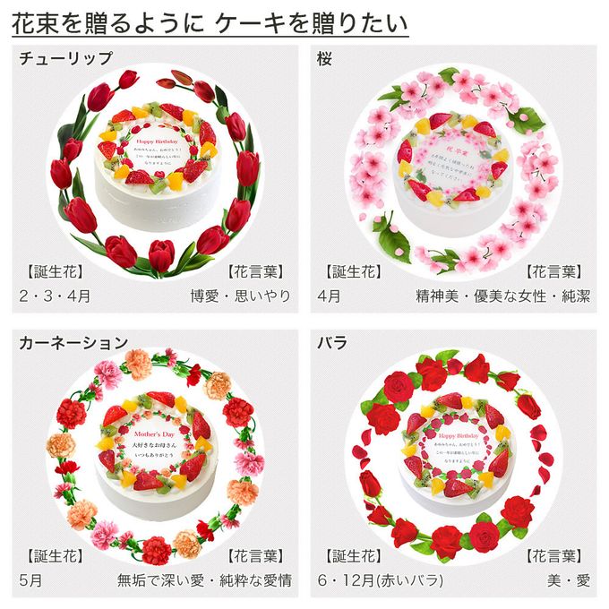 誕生日花ケーキ メッセージプリント フレッシュ生クリームのフルーツデコレーションケーキ 6号 18cm cream-6-flower 5
