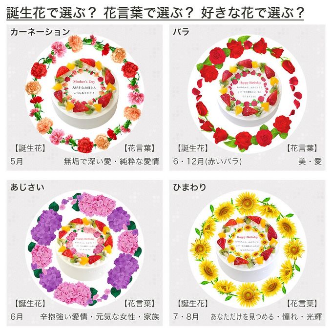 誕生花ケーキ メッセージプリント フレッシュ生クリームのフルーツデコレーションケーキ 8号 24cm cream-8-flower 6