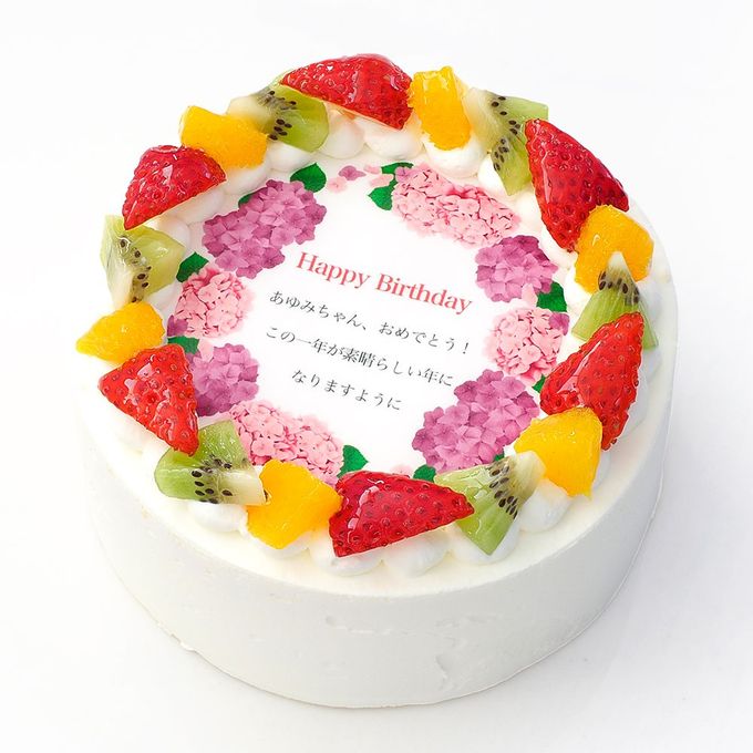 アレルギー対応 卵不使用 誕生花ケーキ メッセージプリント フレッシュ生クリームのフルーツデコレーションケーキ 5号 15cm cream-5-flower-noegg 2