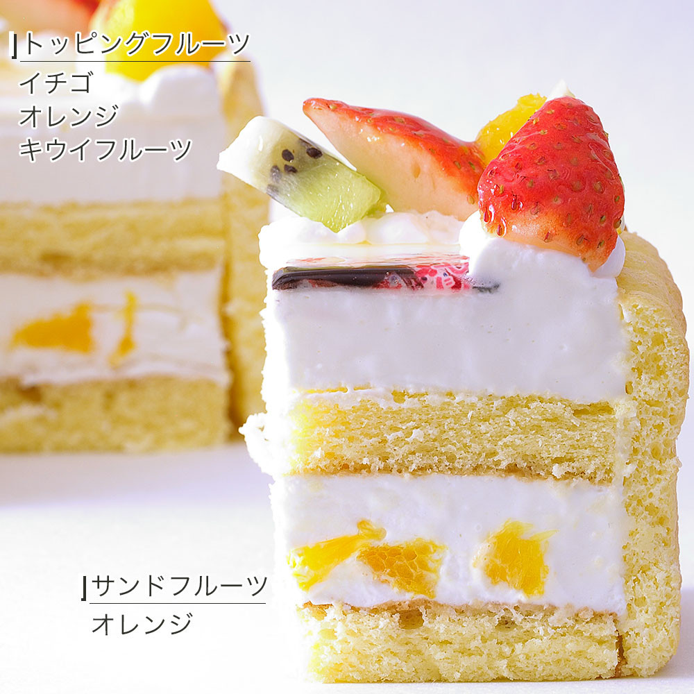 写真ケーキ スクエア型 ビスキュイ付フレッシュフルーツ乗せ生クリーム