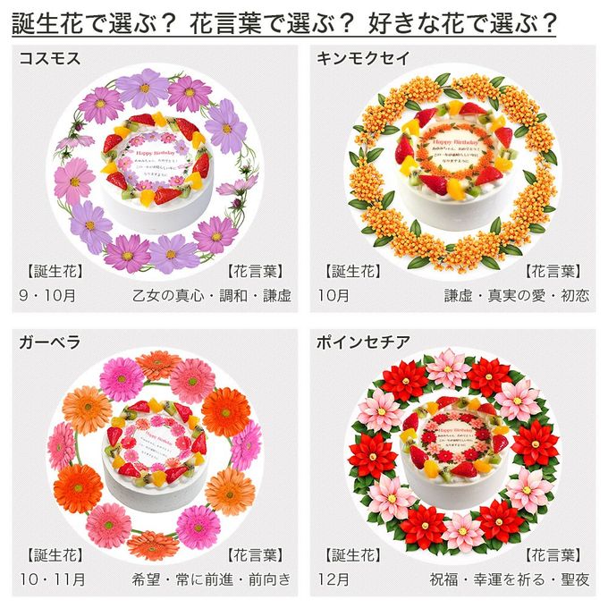 アレルギー対応 卵不使用 誕生花ケーキ メッセージプリント フレッシュ生クリームのフルーツデコレーションケーキ 5号 15cm cream-5-flower-noegg 7