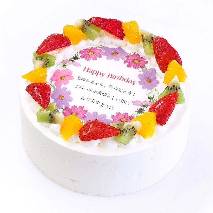 誕生花ケーキ メッセージプリント フレッシュ生クリームのフルーツデコレーションケーキ 8号 24cm cream-8-flower 2