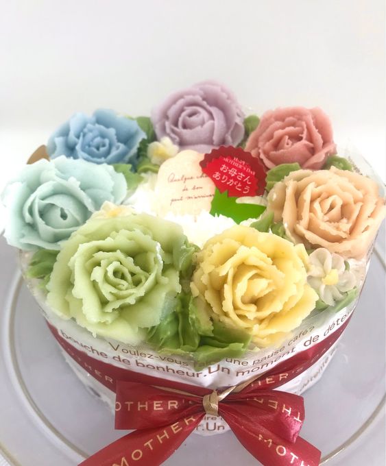 母の日フラワーケーキ【にじいろのしあわせ】(白いふんわりデコ)４号  1