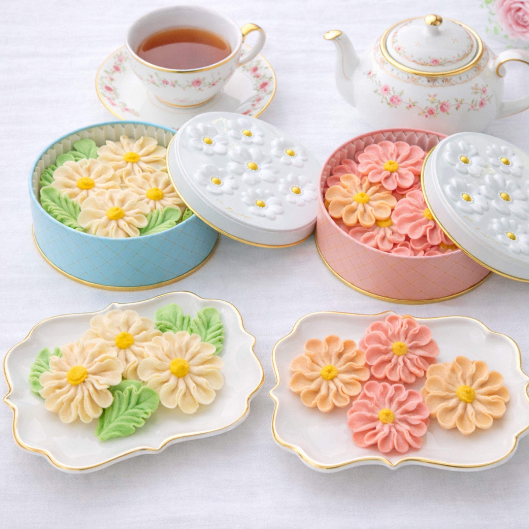 グリコ おまけ〈お花 花籠セット〉リボン 花咲く焼菓子「お花のぼうろ」2缶詰合せ｜コスモス・マーガレット