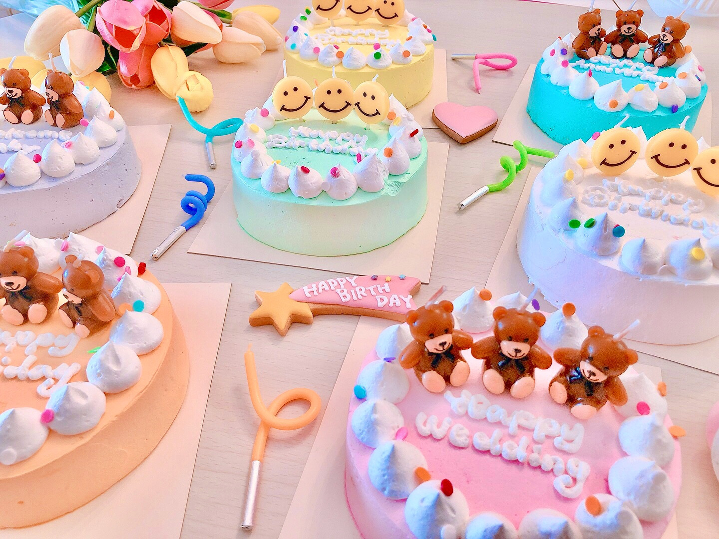 ♡ちびぐるみ♡ケーキわんちゃんセット♡ くまちゃん&ニコちゃん3連ろうそくセンイルケーキ 5号