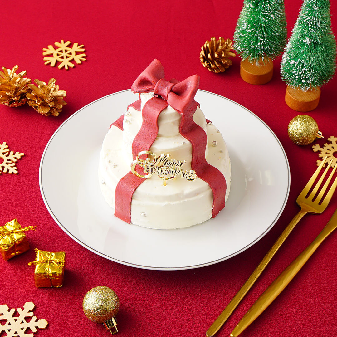 クリスマスリボンケーキ3段 レッド クリスマス2023（3tier cake