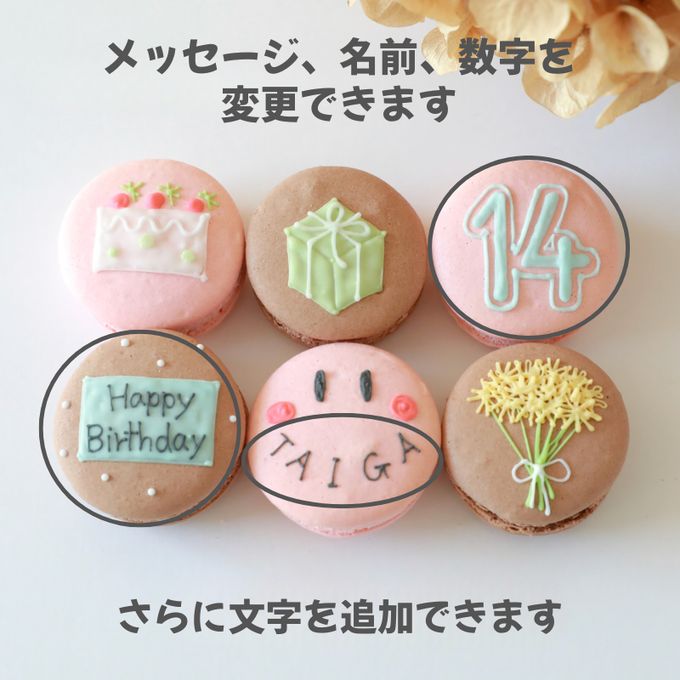 （寒色系）お誕生日マカロンギフト 名入れ/メッセージ 手描きイラスト入りマカロン 6個入り 6