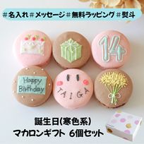 （寒色系）お誕生日マカロンギフト 名入れ/メッセージ 手描きイラスト入りマカロン 6個入り