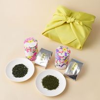 伝説竹籠入り 八十八夜摘み新茶と掛川茶2種ギフトセット（花々茶缶・柚子色風呂敷）