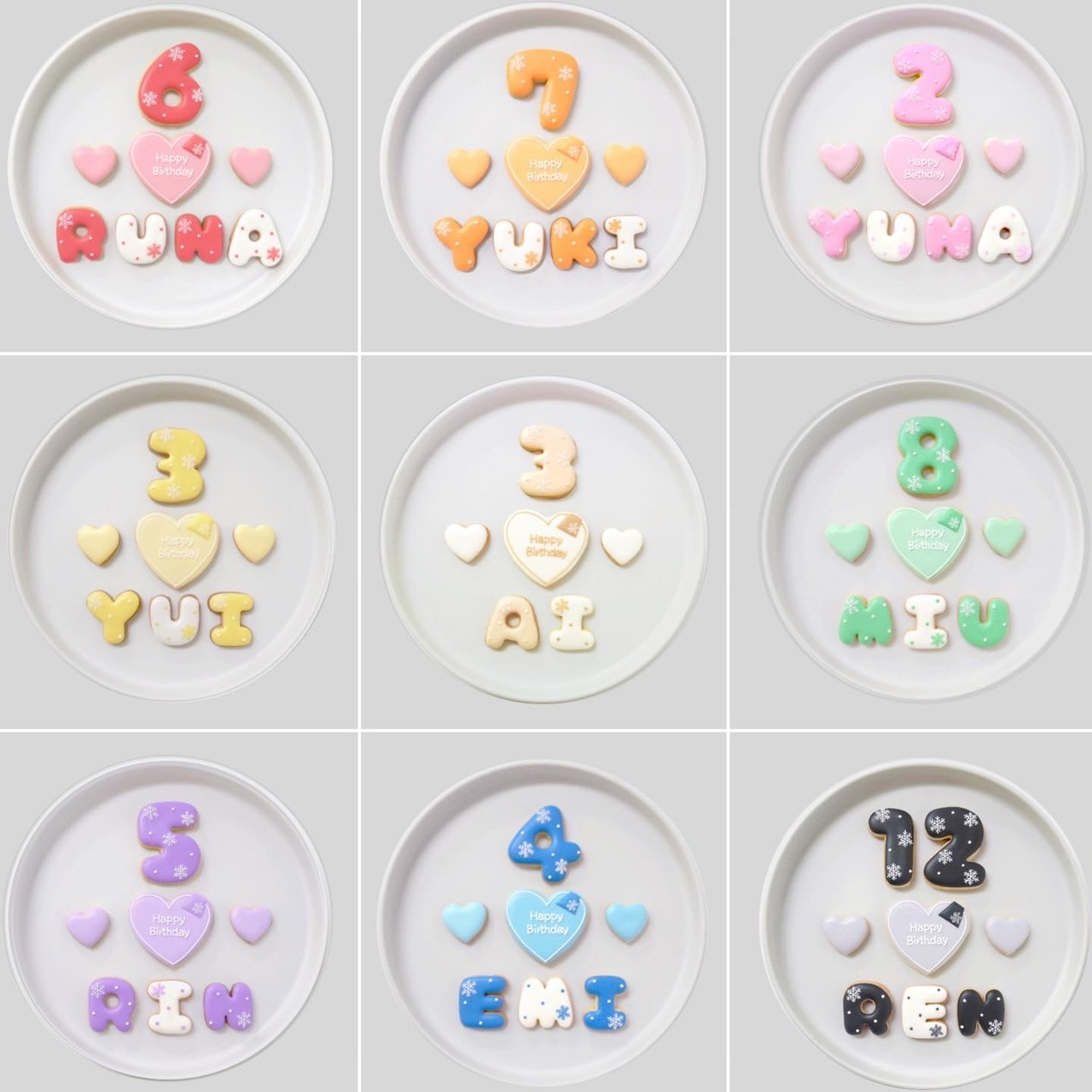 雪だるま＆雪の結晶デザイン プレートセット♪アイシングクッキーセット（プレート＋装飾ハート2つ）＋でお好きなアルファベットや数字をお選びください。オリジナルメッセージ可。全9色。誕生日や記念日、推しのお祝いなどにオススメ《アルファベット・数字：1枚》 1