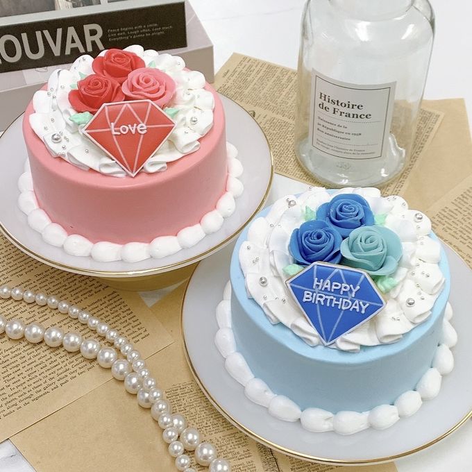 ダイヤプレート＆薔薇ケーキ 4号《選べる9色｜センイルケーキ｜アイシングクッキー｜お好きなメッセージ♪》 1