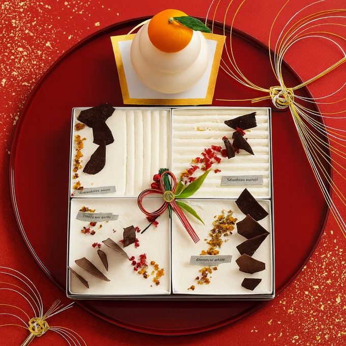 お正月 スクエアスイーツ贈答用ギフトボックス ４種の白いケーキアソート（ショートケーキ（イチゴ、オレンジ）、ドゥーブルフロマージュ、ムースフロマージュ）お節スタイル 2