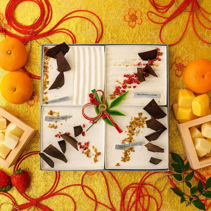 お正月 スクエアスイーツ贈答用ギフトボックス ４種の白いケーキアソート（ショートケーキ（イチゴ、オレンジ）、ドゥーブルフロマージュ、ムースフロマージュ）お節スタイル 3