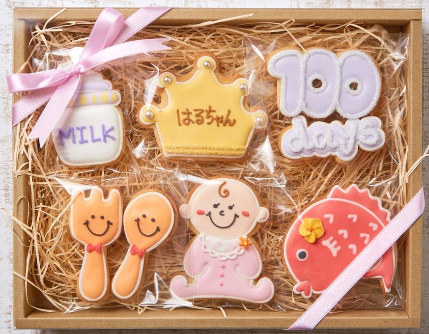 名入れ可【100日祝いギフト女の子A】アイシングクッキー ギフトボックス クッキー ケーキデコレーション バースデーケーキ 誕生日 ケーキトッピング ケーキデコレーション かわいい お菓子 女の子 男の子  2