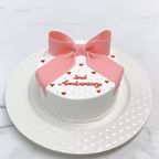 【店頭受取】◻︎大きなパステルリボン ハートドットセンイルケーキ［白土台］ 4号《選べる10色｜韓国｜お好きなメッセージ✧》 5