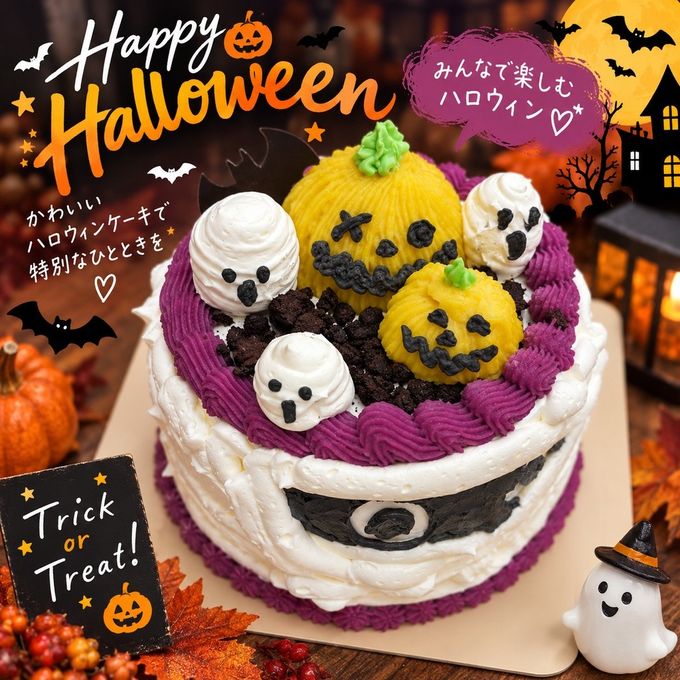 ハロウィンデコレーションケーキ 4号/5号 フルーツミックス入り ～かぼちゃ＆おばけのパーティーケーキ～ 2
