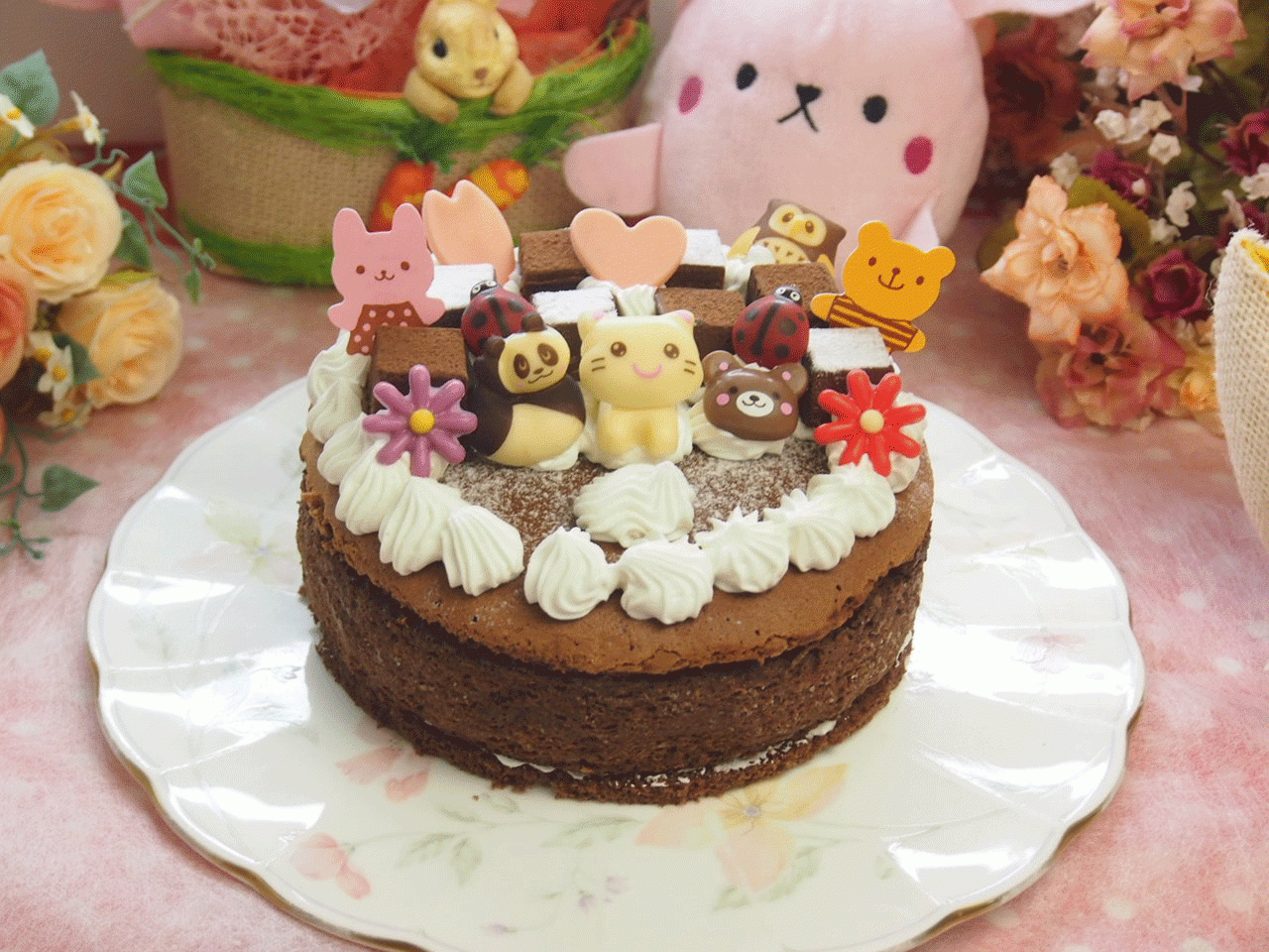 動物達と生チョコのガトーショコラ 5号１５ｃｍ 無料メッセージカード選べます。
