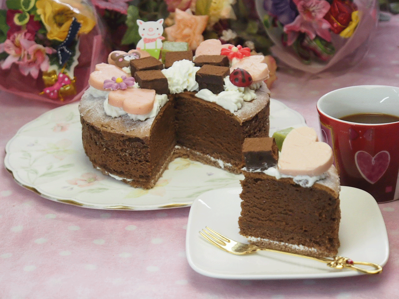 ハート生チョコ飾りのガトーショコラ 5号 無料メッセージカードを選べます。   3