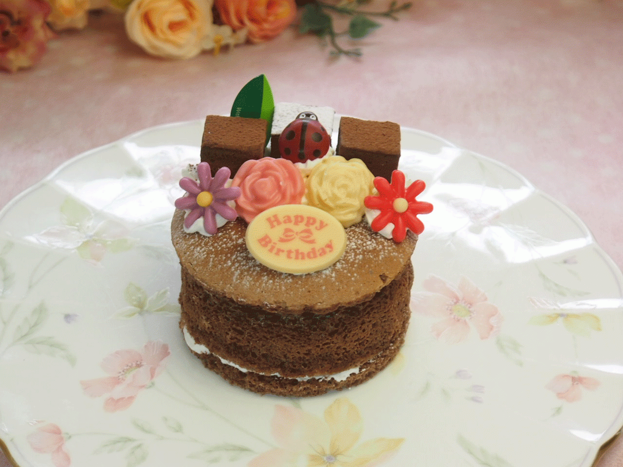 バラと花の生チョコ飾り魅惑のガトーショコラ ３号 １５cm メッセージカード選べます。 