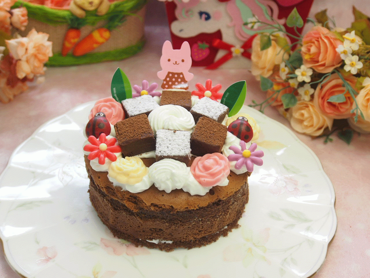 バラと花の生チョコ飾り魅惑のガトーショコラ 4号 12cm メッセージカード選べます。