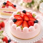 NEW ピンク色の純 生クリーム 苺 ケーキ 3号 半解凍でとろける（室温で半解凍していただくと、外はふんわり、中はひんやりとした食感をお楽しみいただけます）北海道純生クリーム・小麦粉 バースデーケーキ お誕生日ケーキ アニバーサリーカード #ふわひん純生いちご 1