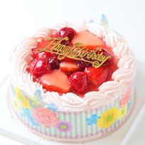 ピンク色生クリーム苺味 6号（直径約18cm）苺2段サンド 北海道の生クリーム・小麦粉・バター100％（直径約18cm（バースデーオーナメント＋キャンドル＋ポストカード）