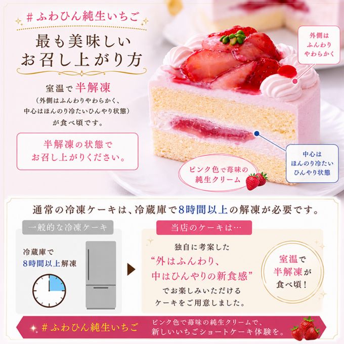 NEW ピンク色の純 生クリーム 苺 ケーキ 7号 半解凍でとろける（室温で半解凍していただくと、外はふんわり、中はひんやりとした食感をお楽しみいただけます）北海道純生クリーム・小麦粉 バースデーケーキ お誕生日ケーキ #ふわひん純生いちご 3