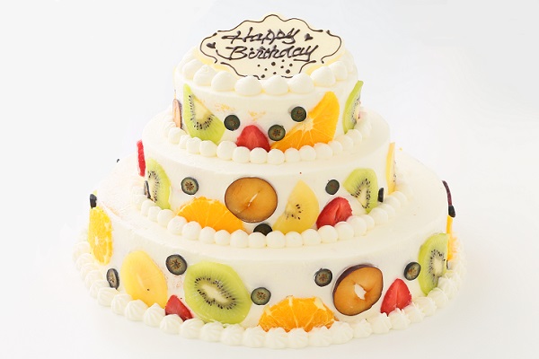 カラフルフルーツのパーティ用デコレーションケーキ 3段 10号×7号×5号（お菓子工房 Allons-y!! ） | Cake.jp