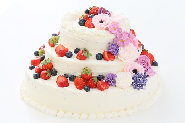 フラワー添え苺のパーティデコレーションケーキ 3段 10号×7号×5号 3