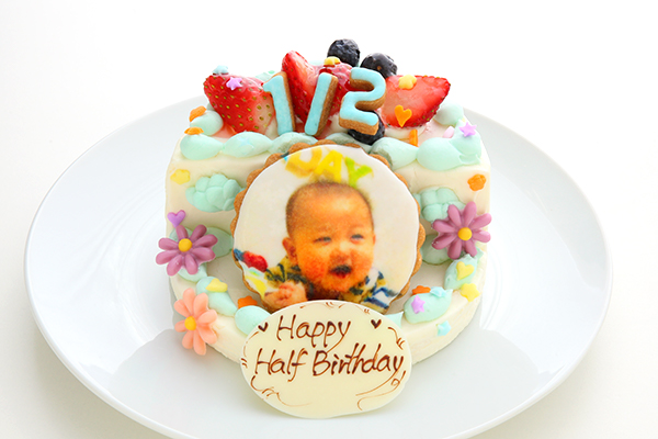 フォトクッキー付きハーフバースデーケーキ ブルー 4号 12cm（菓子