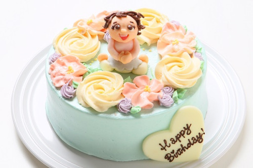 チョコ似顔絵人形付き フラワーバタークリームデコレーションケーキ 4号 12cm