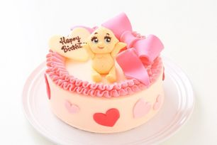 チョコキャラクター人形付き リボンのバタークリームデコレーションケーキ 4号 12cm