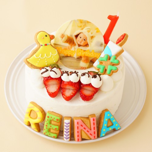 【低甘味、低脂肪の体に優しいヨーグルトクリーム】フォトケーキ アイシングクッキー写真ケーキ ファーストバースデー（ひよこ） 4号 12cm