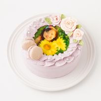 【みんなが喜ぶ楽しい記念日に！】3色から選べる！マカロンつきフラワーフォトケーキ 4号  