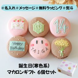（寒色系）お誕生日マカロンギフト 名入れ/メッセージ 手描きイラスト入りマカロン 6個入り