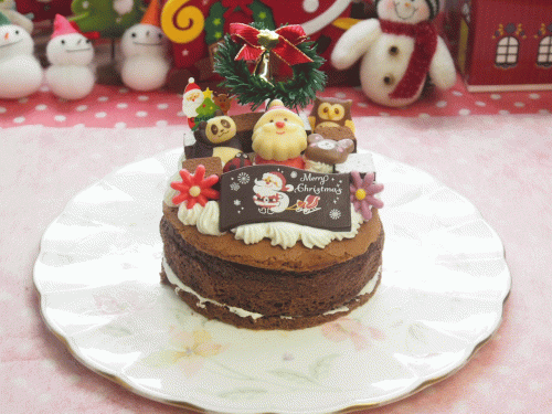  サンタと動物達と生チョコ飾りガトーショコラ 4号 無料メッセージカードを選べます。2025クリスマス