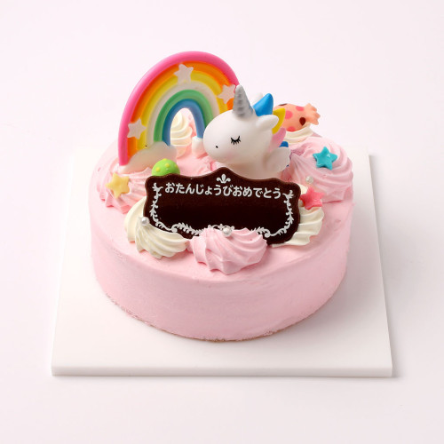 ユニコーンとレインボーのピンクケーキ5号