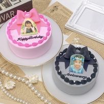 【店頭受取】◻︎リボンと写真プリントのデザインケーキ 4号 12cm【カラバリ9色】