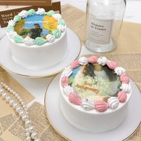 【店頭受取】◻︎2色の絞りがかわいい写真ケーキ 3号《選べる9色｜プリントケーキ✧》
